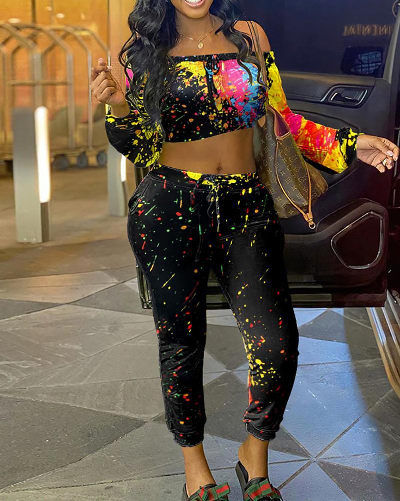 off shoulder ink splash print crop top &amp; drawstring pants set
