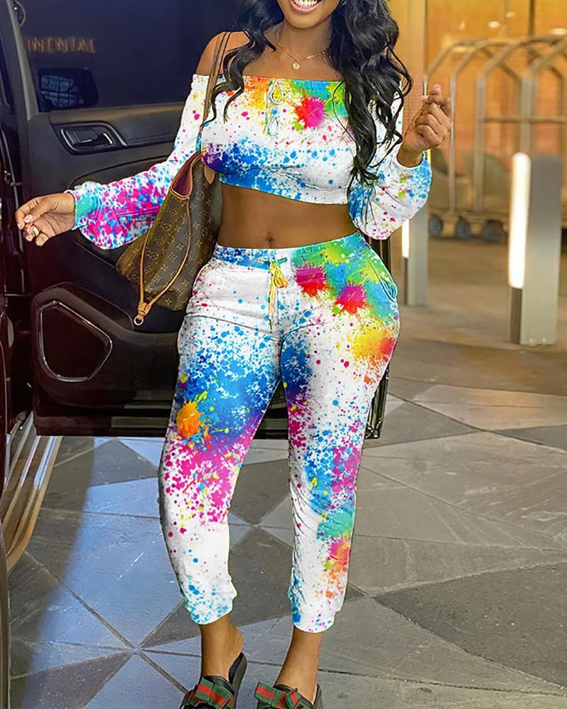 off shoulder ink splash print crop top &amp; drawstring pants set
