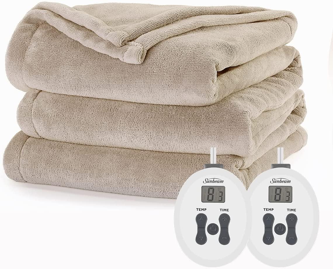 Sunbeam Ultraplush Heated Blanket | 12 Heat Settings - Queen (Beige)
