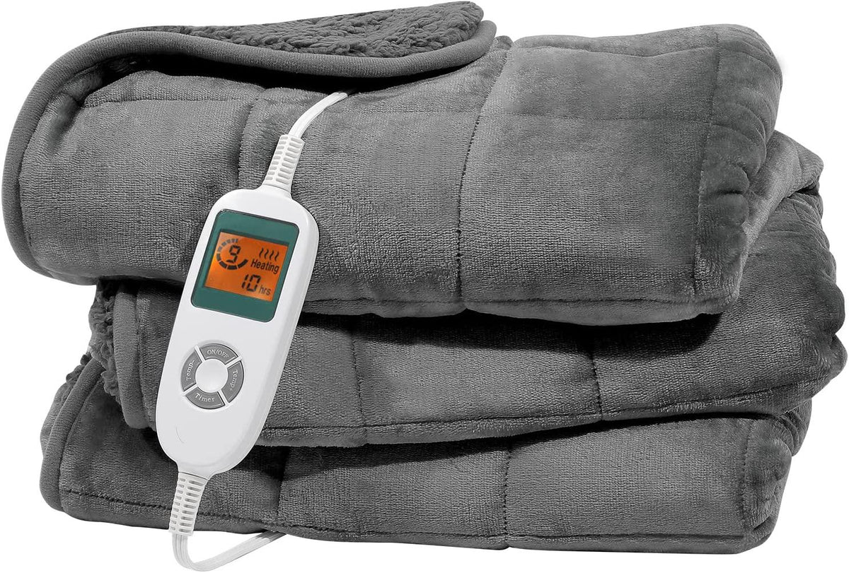 Weighted Electric Heated Blanket ( 15 lbs, 48"x72", Twin Size ), Heavy Heated Throw with Premium Glass Beads, Cozy Soft Flannel, 10 Heating Settings, Gray