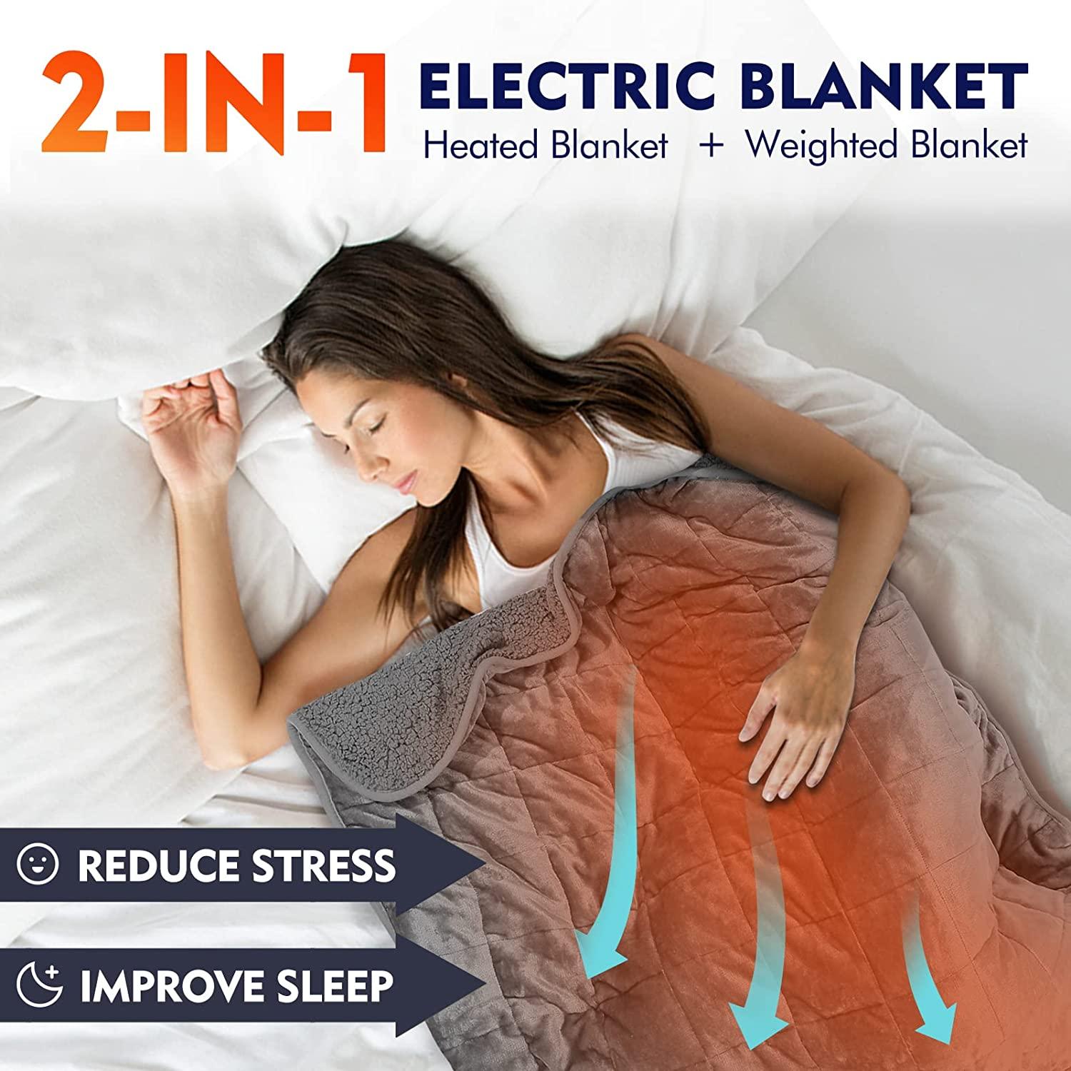 Weighted Electric Heated Blanket ( 15 lbs, 48"x72", Twin Size ), Heavy Heated Throw with Premium Glass Beads, Cozy Soft Flannel, 10 Heating Settings, Gray