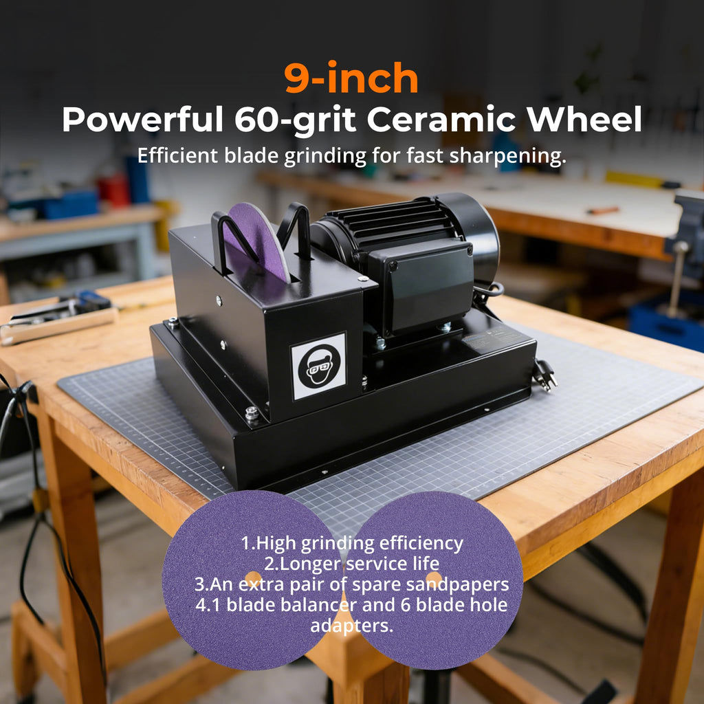 Lawn Mower Blade Sharpener, 1HP 750W Bench Grinder with 9-Inch Ceramic Wheel, 30°/40° Angle Brackets, for High/Low Lift, Gator &amp; Flat Blades, with Extra Replacement Sandpapers