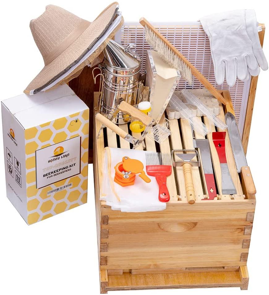honey lake 8-frame bee hives and supplies starter kit, beeswax coated beehive starter kit including beekeeping supplies tools set with bee hat veil