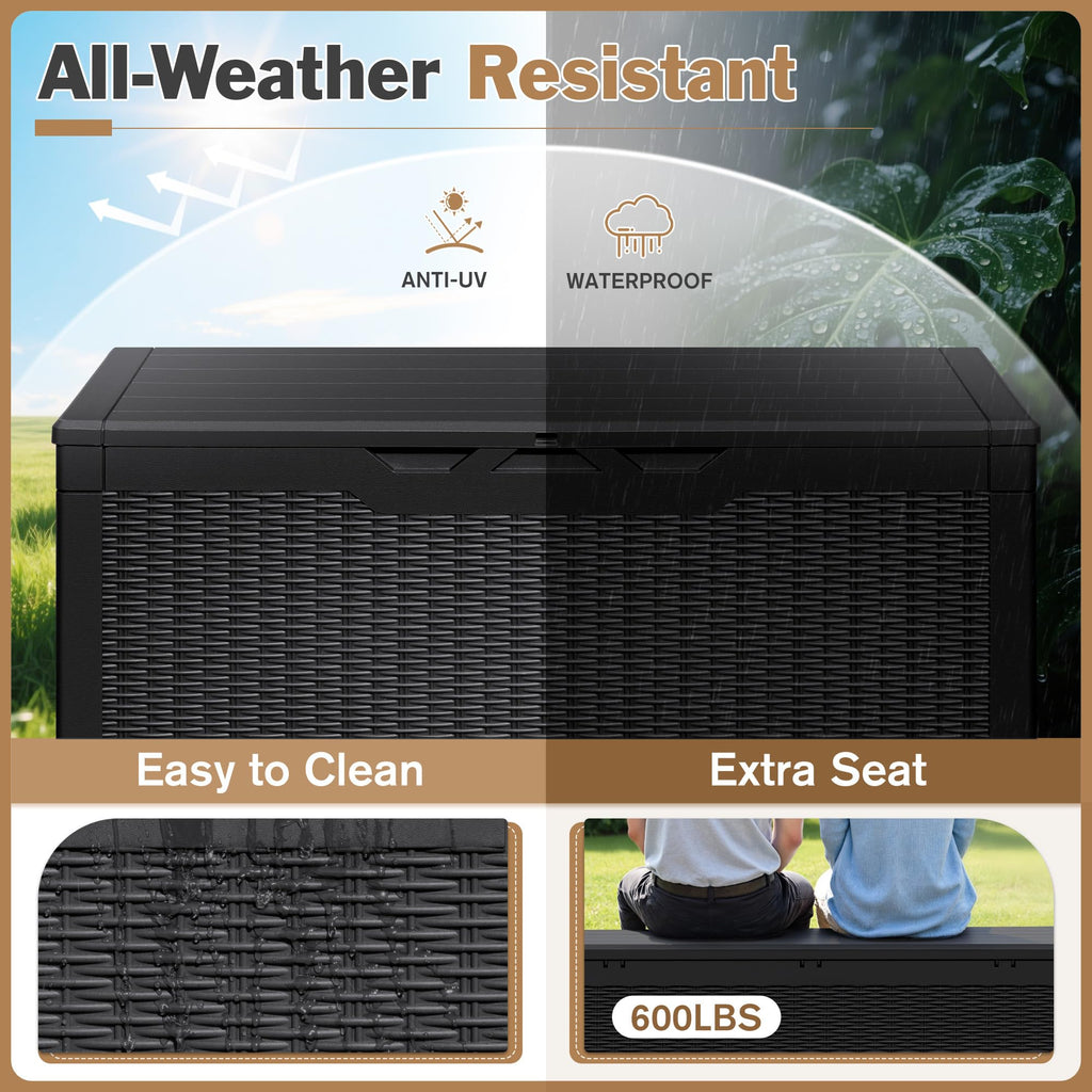 100 Gallon Waterproof LarResin Deck Box Indoor Outdoor Lockable StoraContainer for Patio Furniture Cushions Garden Tools (100 Gallon, Black)