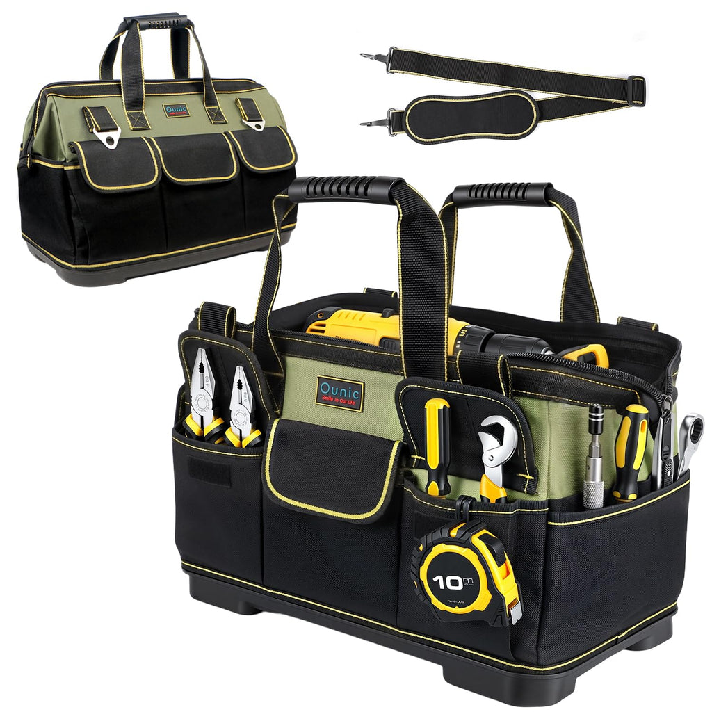 Tool Bag,  18 Inch LarTool Tote Bag Heavy Duty With Waterproof Molded Base, Wide Mouth Tool Box Organizer with Adjustable Shoulder Strap for Electrician Mechanic  Plumbers(Green)