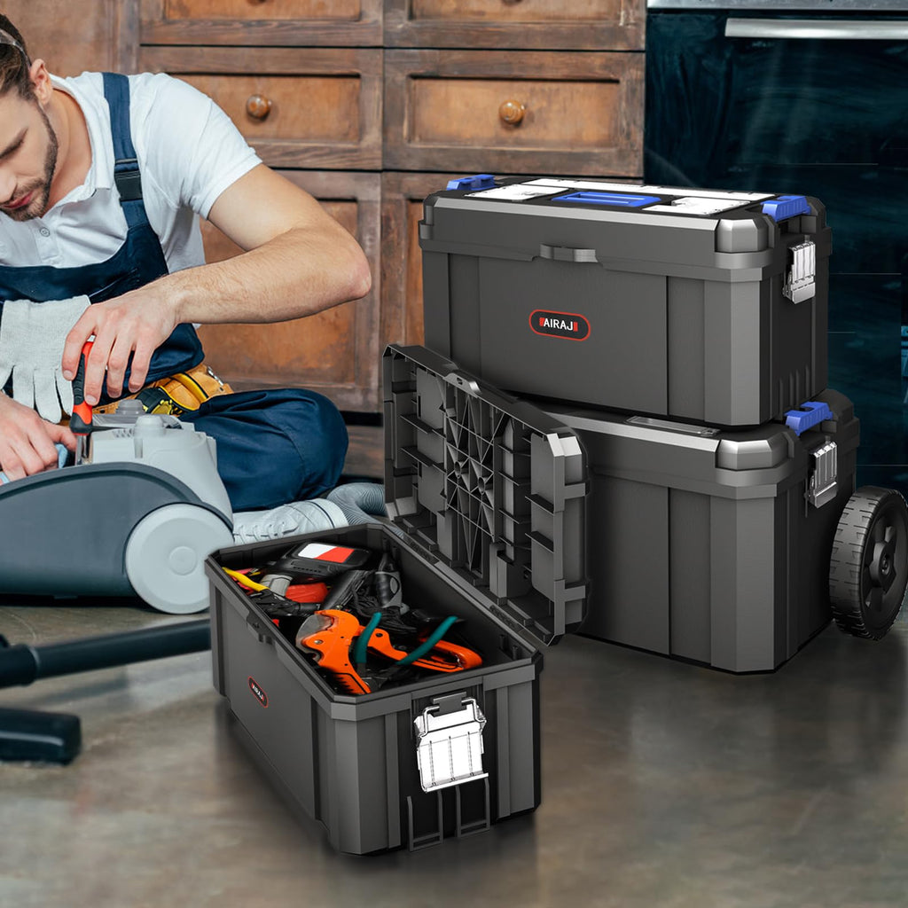 3-In-1 Tool Box with Wheels | Rolling Stackable Tool Box | Modular Tools StoraSystem | Small Toolbox with Detachable Parts Box Organizer丨Portable Toolbox for Garages,Home DIY,Workshop丨17+19+21"