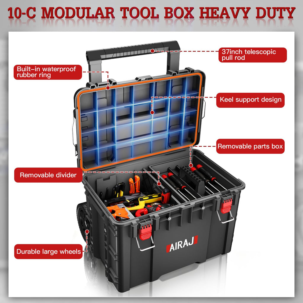 Rolling Tool Box with Wheels Heavy Duty,Modular Stackable Tool Box Organizer,Waterproof Toolbox for Hand/Power Tools,Removable Divider/Parts Box,All-terrain Durable Wheels,Telescopic Pull Rod Handle