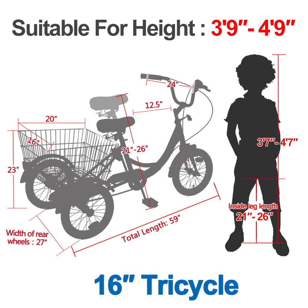 Docred 16 inch Tricycle Trike Cruiser Bike for kids/beginner riders Single Speed Three-Wheeled Bicycles with Adjustable Height and Rear Basket