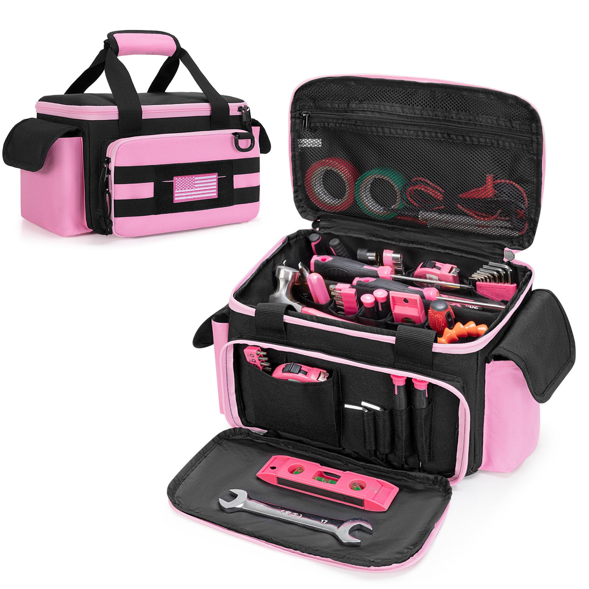 Pink Tool Bag for Women, Tool StoraOrganizer with Anti-friction and Thick Padded Bottom, Tactical RanBag, Multi-functional Work Bag for Repairman, Electrician, Carpenters, Pink