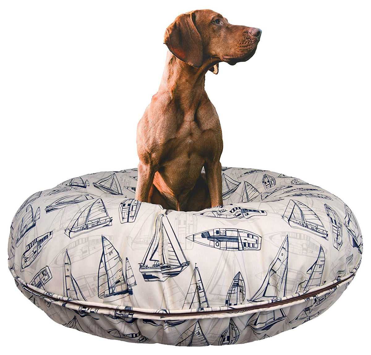 BESSIE AND BARNIE Water Resistant Navy Sail Boat Indoor/Outdoor Durable Bagel Pet/Dog Bed with Removable Cover (Multiple Sizes)