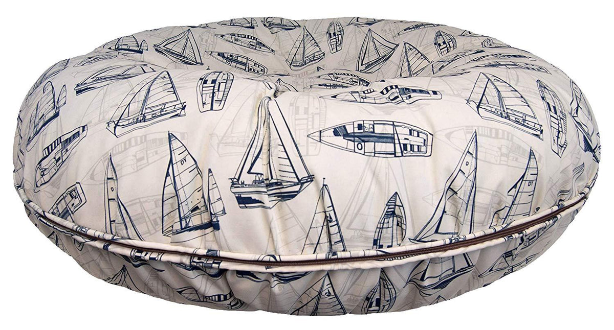 BESSIE AND BARNIE Water Resistant Navy Sail Boat Indoor/Outdoor Durable Bagel Pet/Dog Bed with Removable Cover (Multiple Sizes)