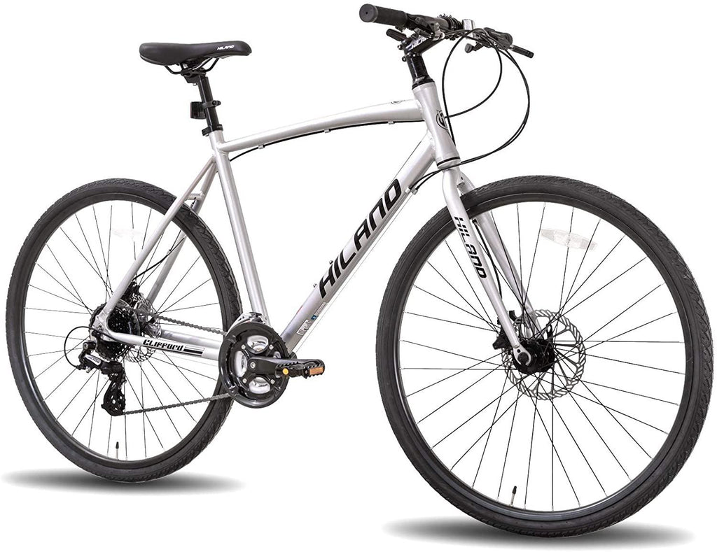 Hiland Road Hybrid Bike Urban City Commuter Bicycle with Disc Brake for Men Comfortable Bicycle 700C Wheels 24 speeds Bikes Silver 57cm