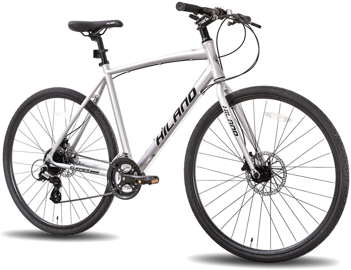 Hiland Road Hybrid Bike Urban City Commuter Bicycle with Disc Brake for Men Comfortable Bicycle 700C Wheels 24 speeds Bikes Silver 57cm