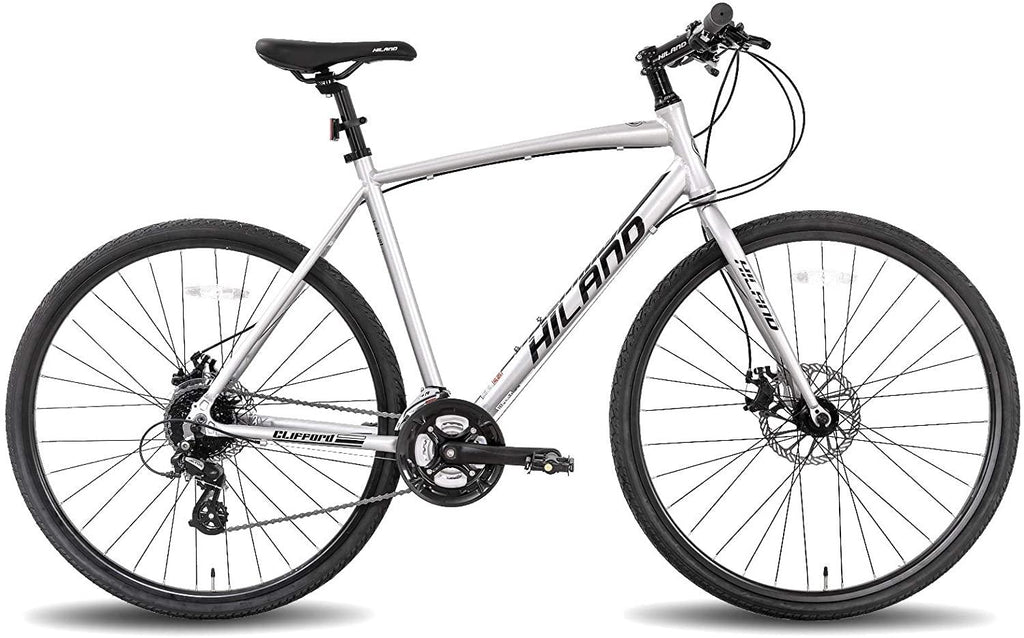 Hiland Road Hybrid Bike Urban City Commuter Bicycle with Disc Brake for Men Comfortable Bicycle 700C Wheels 24 speeds Bikes Silver 57cm
