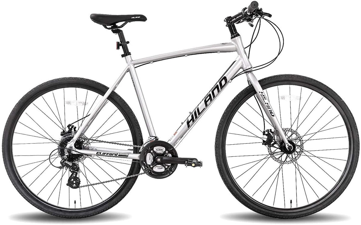 Hiland Road Hybrid Bike Urban City Commuter Bicycle with Disc Brake for Men Comfortable Bicycle 700C Wheels 24 speeds Bikes Silver 57cm