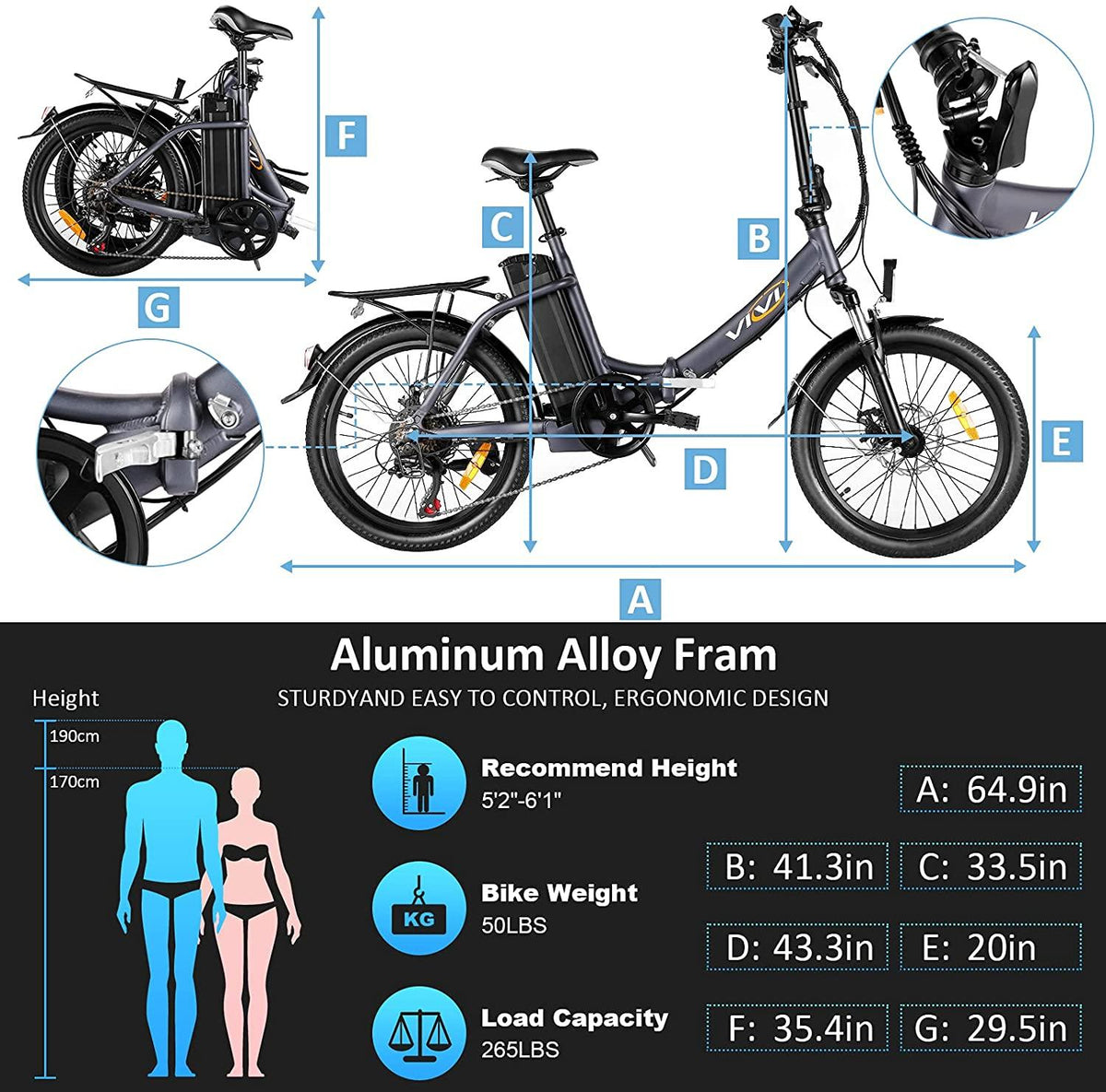 Vivi Z3 Folding Electric Bike for Adults, 350W Motor Ebike, 20inch Adults Electric Bicycle for Commuting, with Removable 36V 10.4Ah Lithium-Ion Battery