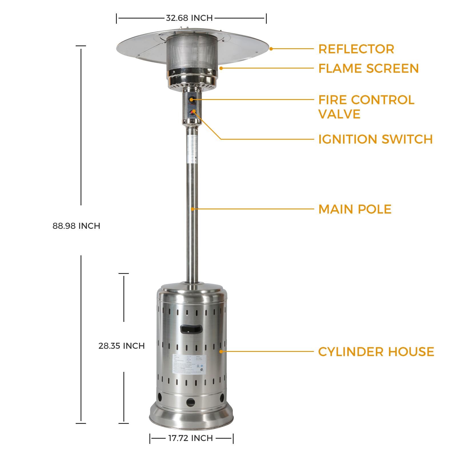 KUNEREN Stainless Steel Propane Patio Heater for dinner party , family gathering , garden , backyard , restaurant , coffee shop , schools