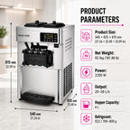Commercial Ice Cream Machine, 20-28L/H Yield, 2200W 3-Flavor Countertop Soft Serve Ice Cream Maker  Steel, 2 x 6L Hoppers with LED Panel Auto Clean for Restaurants Cafes Snack Bars