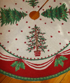 "NEW" Lar~Needlepoint~Wool ~CHRISTMAS TREE SKIRT~Trees.Holly~Red/Green/Cream