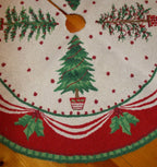 "NEW" Lar~Needlepoint~Wool ~CHRISTMAS TREE SKIRT~Trees.Holly~Red/Green/Cream