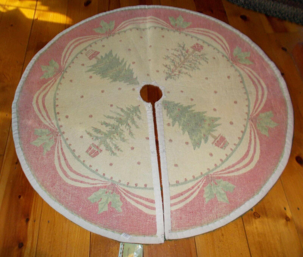 "NEW" Lar~Needlepoint~Wool ~CHRISTMAS TREE SKIRT~Trees.Holly~Red/Green/Cream