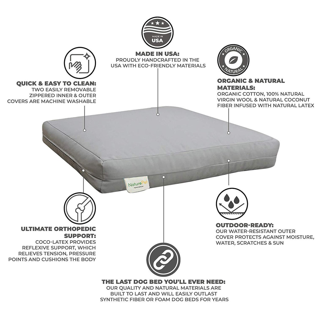 NaturoPet Natural Orthopedic Dog Bed, Premium Virgin Wool &amp; Coco-Latex Pet Mattress Removable Washable Cover Water Resistant Indoor-Outdoor Durable Chew Resistant Made in USA