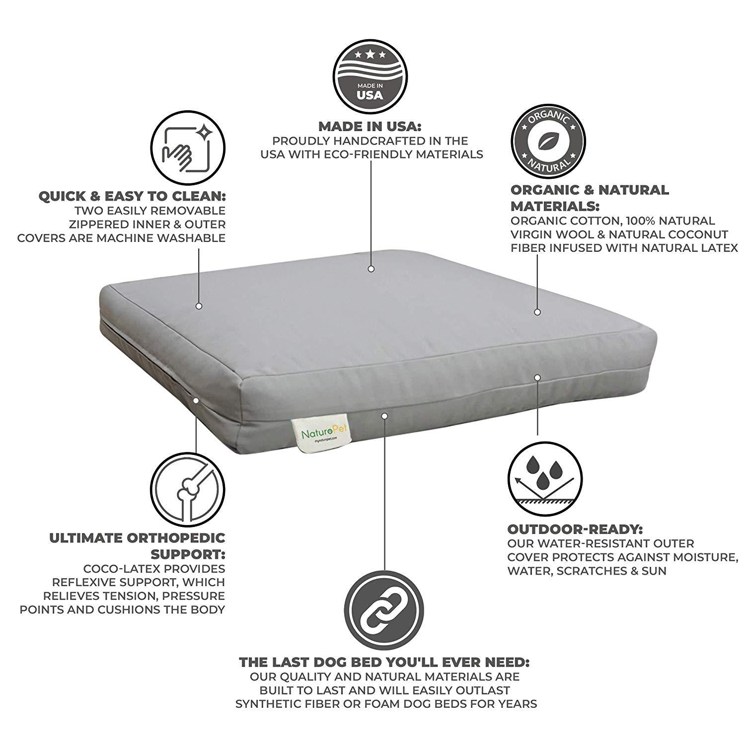NaturoPet Natural Orthopedic Dog Bed, Premium Virgin Wool &amp; Coco-Latex Pet Mattress Removable Washable Cover Water Resistant Indoor-Outdoor Durable Chew Resistant Made in USA