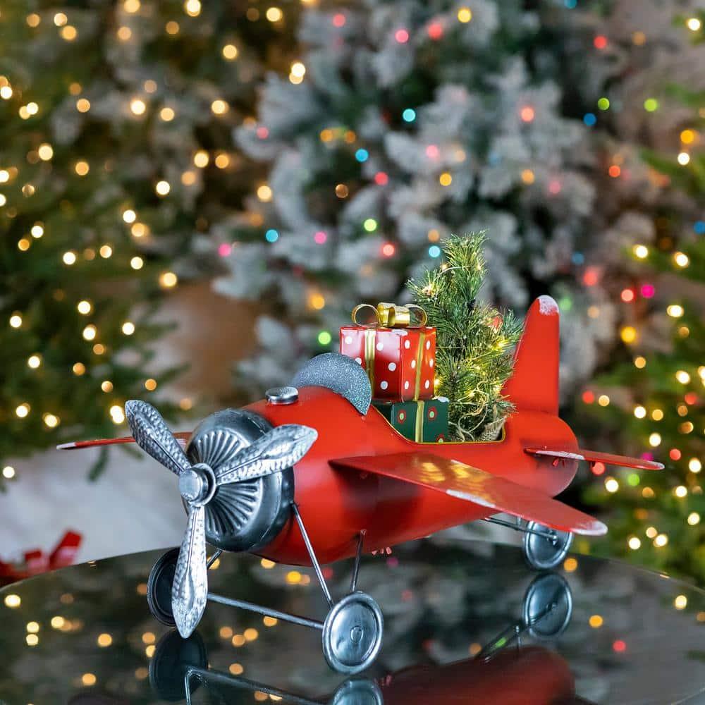 29 in. Red Airplane with Lighted Christmas Tree and Gifts