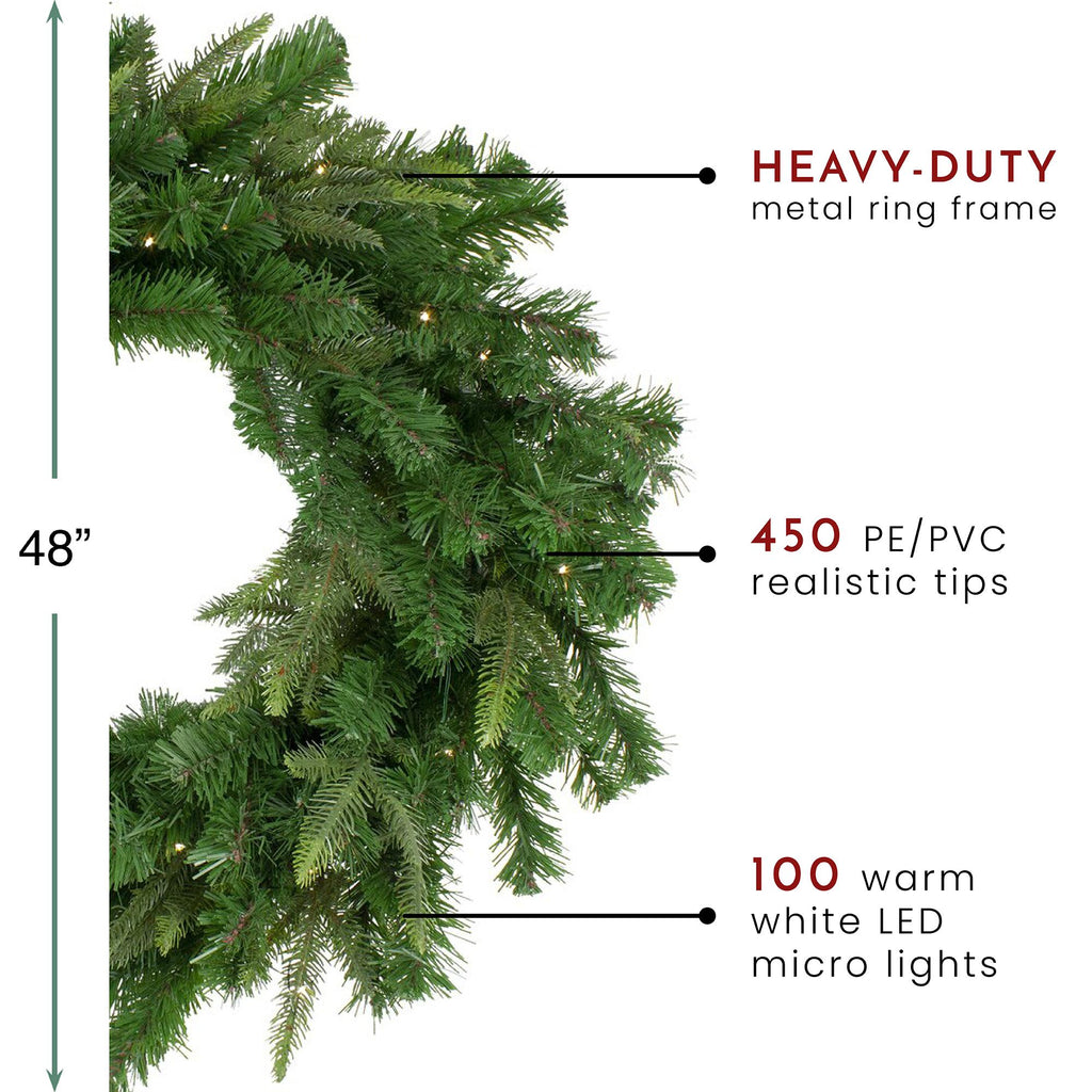 Pre-Lit Roosevelt Fir Artificial Christmas Wreath - 48-Inch, Warm White LED Lights