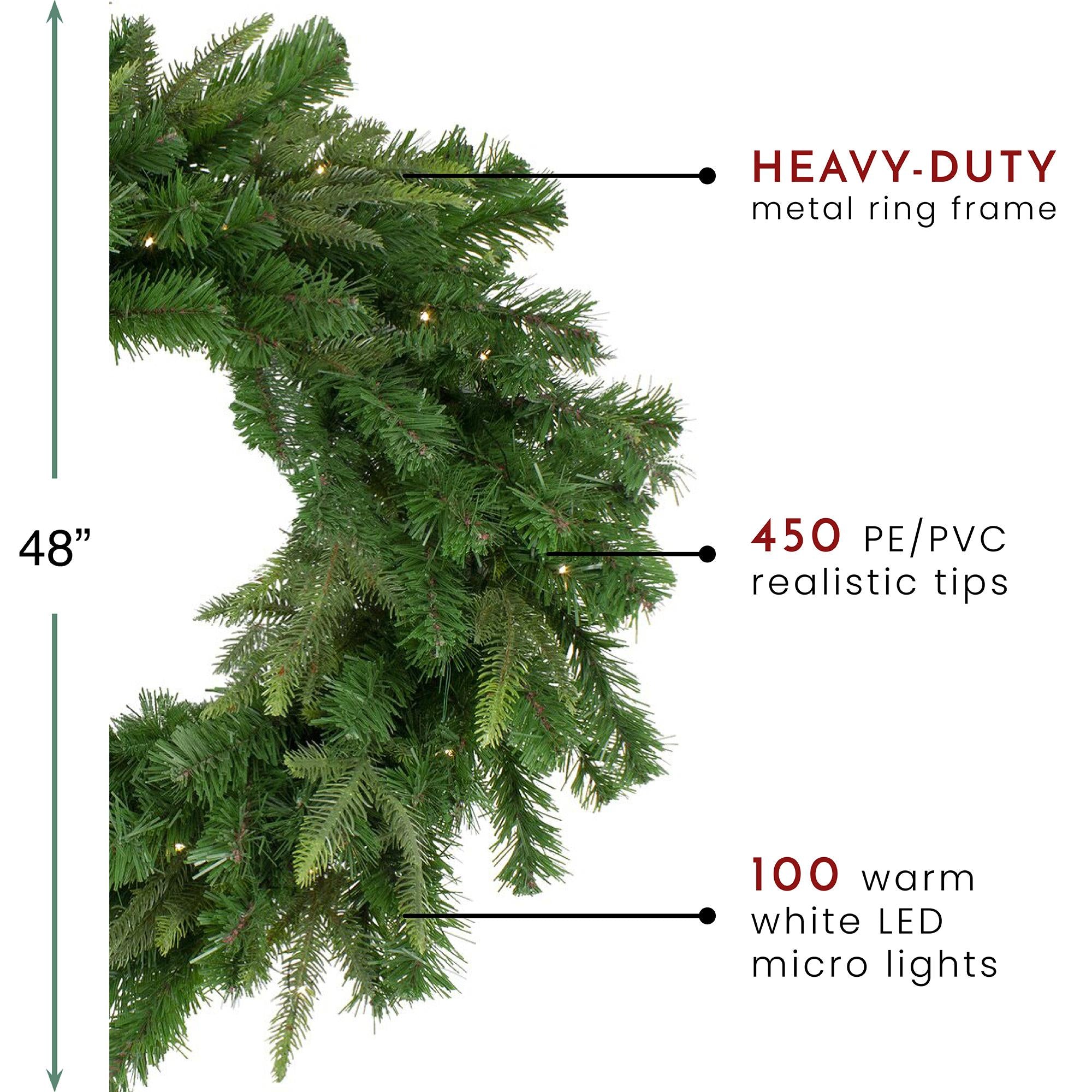 Pre-Lit Roosevelt Fir Artificial Christmas Wreath - 48-Inch, Warm White LED Lights
