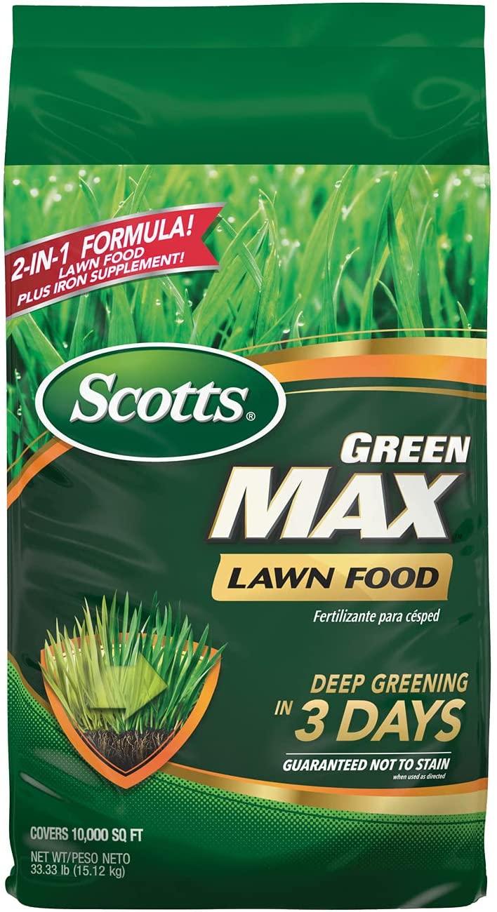 scotts green max lawn food - lawn fertilizer plus iron supplement builds thick, green lawns - deep greening in 3 days - covers 10,000 sq. ft.