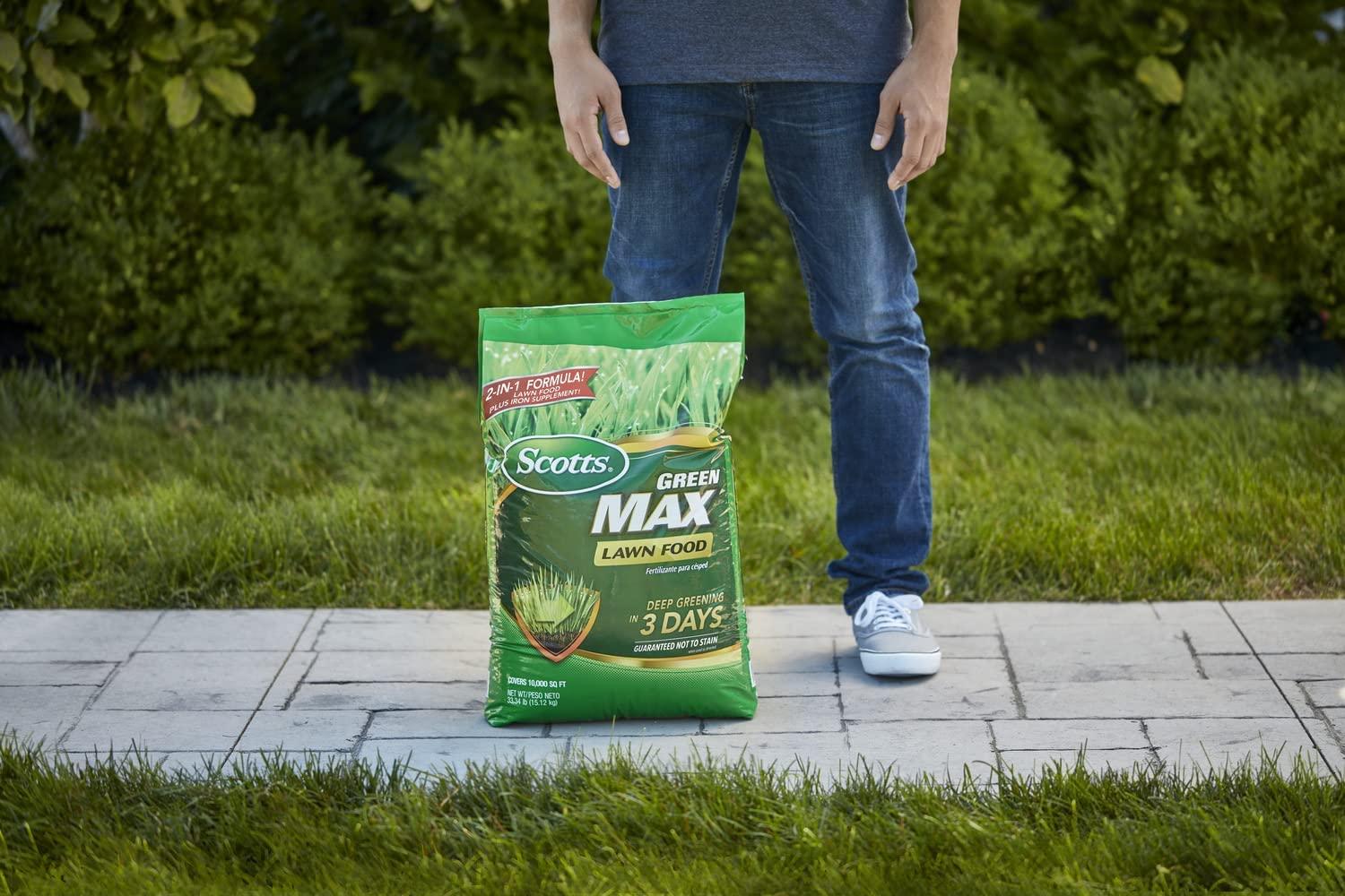 scotts green max lawn food - lawn fertilizer plus iron supplement builds thick, green lawns - deep greening in 3 days - covers 10,000 sq. ft.