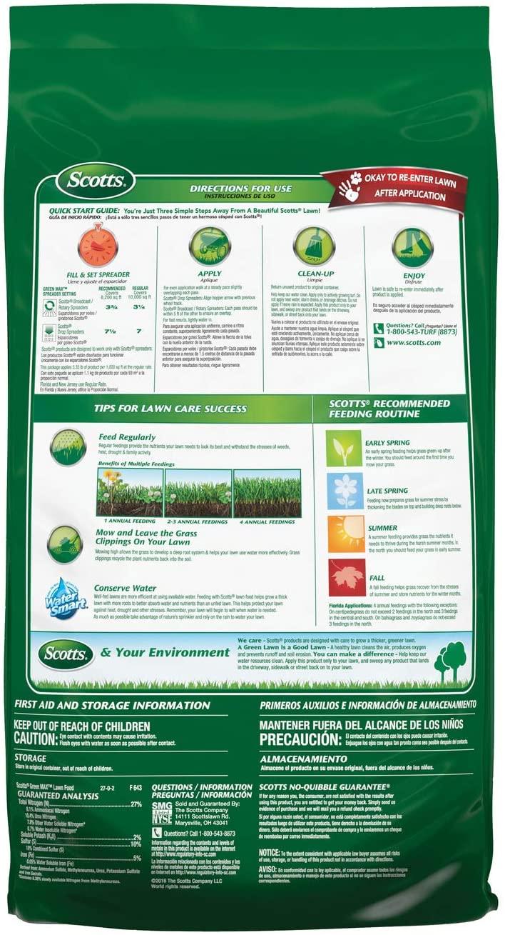 scotts green max lawn food - lawn fertilizer plus iron supplement builds thick, green lawns - deep greening in 3 days - covers 10,000 sq. ft.