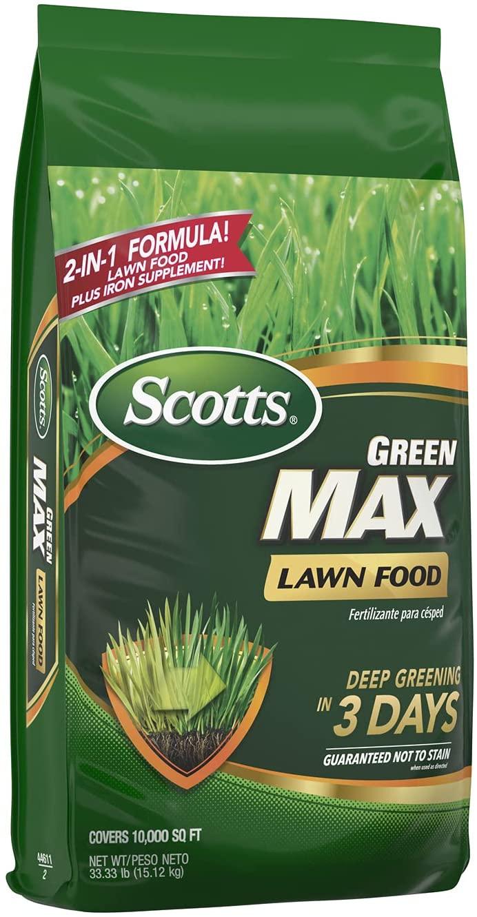 scotts green max lawn food - lawn fertilizer plus iron supplement builds thick, green lawns - deep greening in 3 days - covers 10,000 sq. ft.