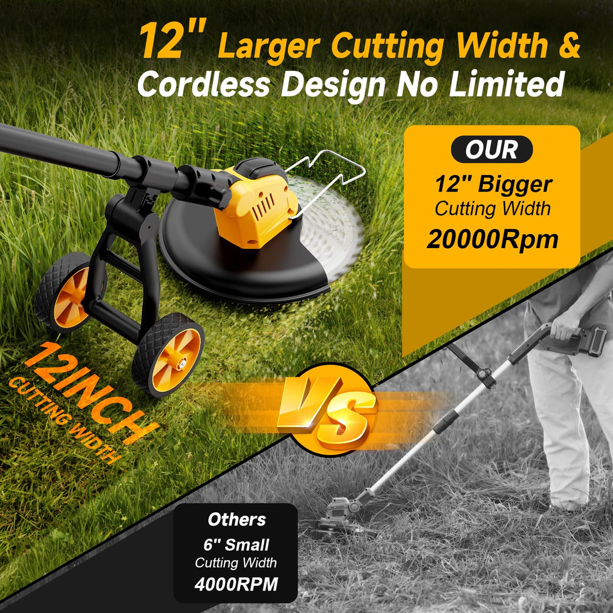 Brushless 6000mAh Cordless Weed Wacker Edger with Wheel, 4-in-1 Electric Weed Eater Battery Powered Brush Cutter, Grass Trimmer Stringless Weed Trimmer Lawn Mower Metal Blade Battery Charger