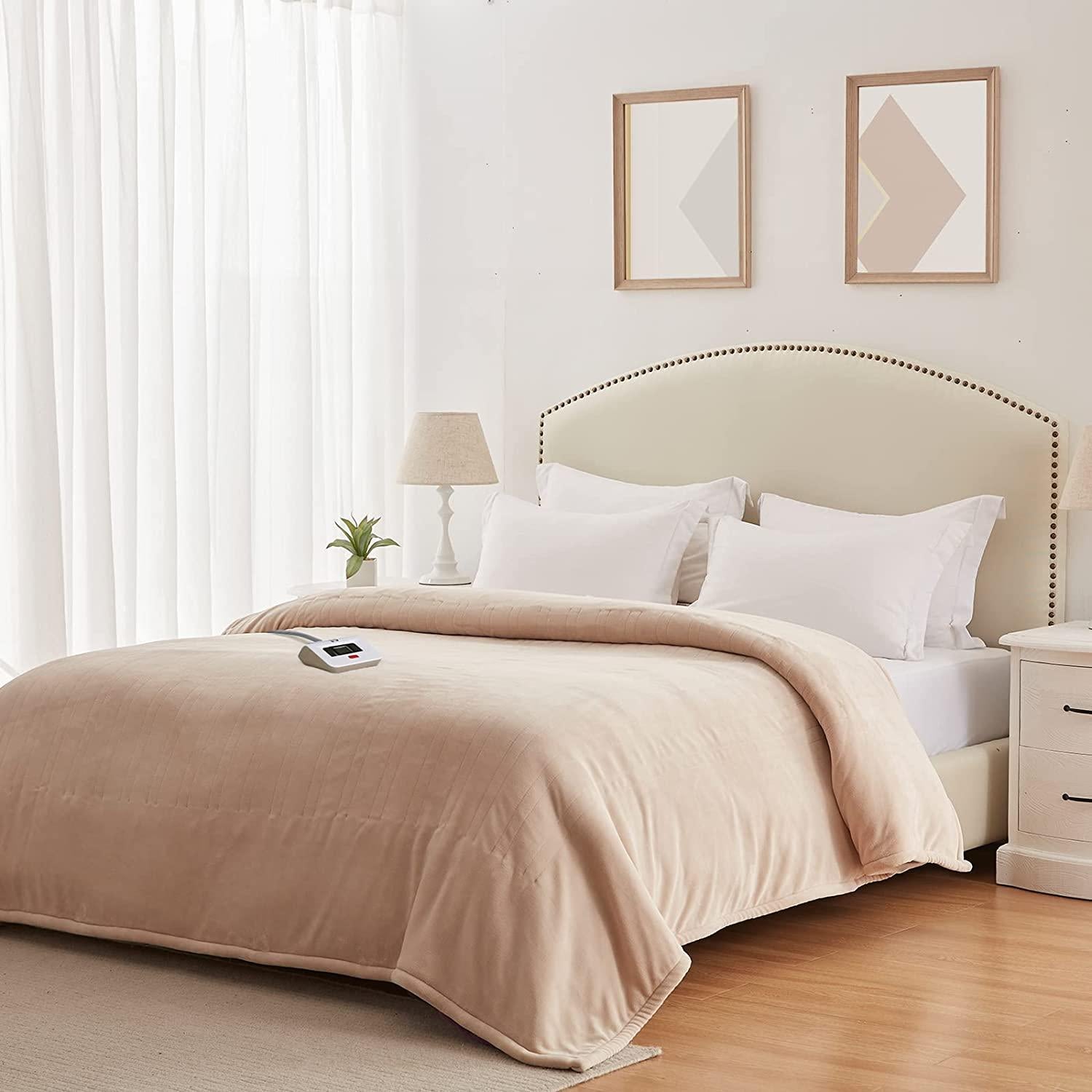 Electric Blanket Full Size, Flannel Heated Blanket with 10 Heating Levels  1-12 Hours Auto Shut Off, Fast Heating Warm Blanket, Machine Washable, Beige, 80 x 84 Inch