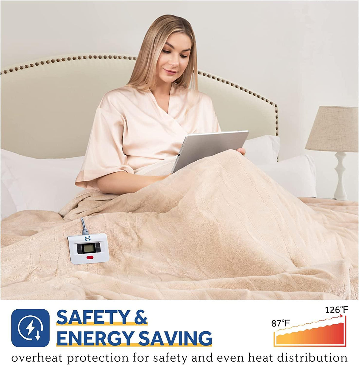 Electric Blanket Full Size, Flannel Heated Blanket with 10 Heating Levels  1-12 Hours Auto Shut Off, Fast Heating Warm Blanket, Machine Washable, Beige, 80 x 84 Inch