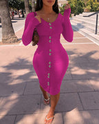 ribbed long sleeve button design skinny dress