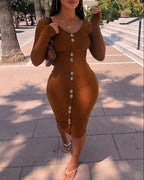 ribbed long sleeve button design skinny dress
