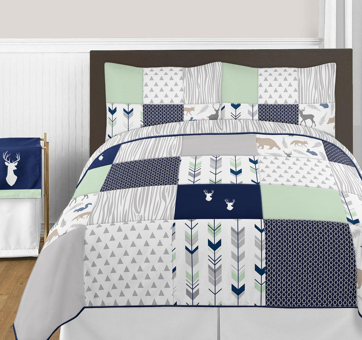 Woodsy Navy Grey Full Queen Comforter Bedding Set by Sweet Jojo s