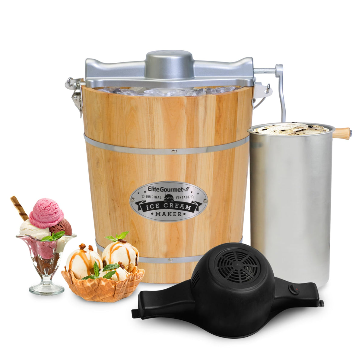 EIM402 Old Fashioned 4 Quart  Bucket Electric Ice Cream Maker Machine, Bonus Classic Die-Cast Hand Crank for Churning, Uses Ice and Rock Salt Churns Ice Cream in Minutes
