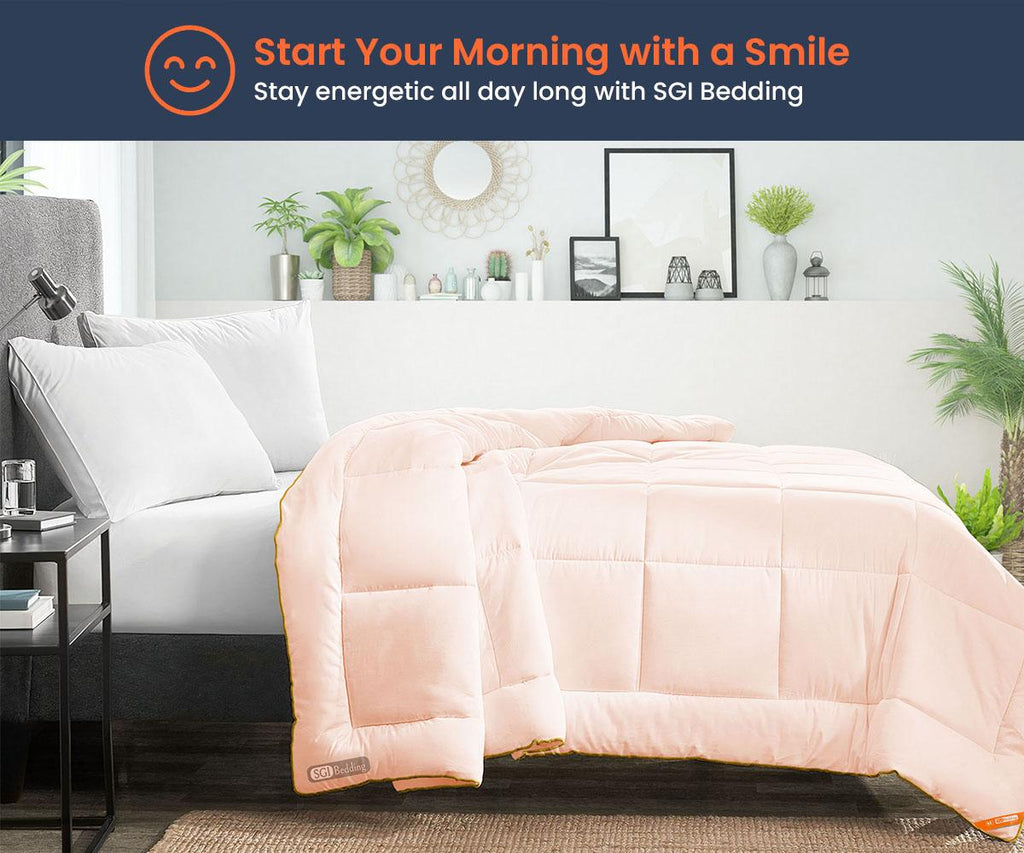 Twin XL Comforter Solid Peach 300 GSM Plush Siliconized Microfiber Fill Duvet Insert Box Stiched Quilted Fluffy Soft 600 TC Egyptian Cotton Shell with Piping &amp; Pillowcases