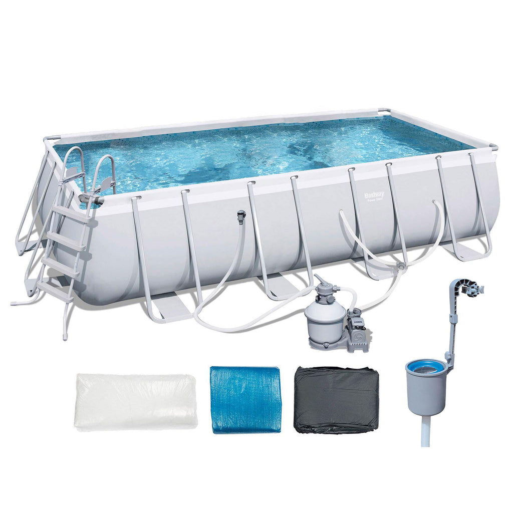 18 x 9 x 4 Foot Rectangular Above Ground Pool Set with Ladder, 1000 Gallon Sand Filter Pump, Ground Cloth, Pool Cover,
