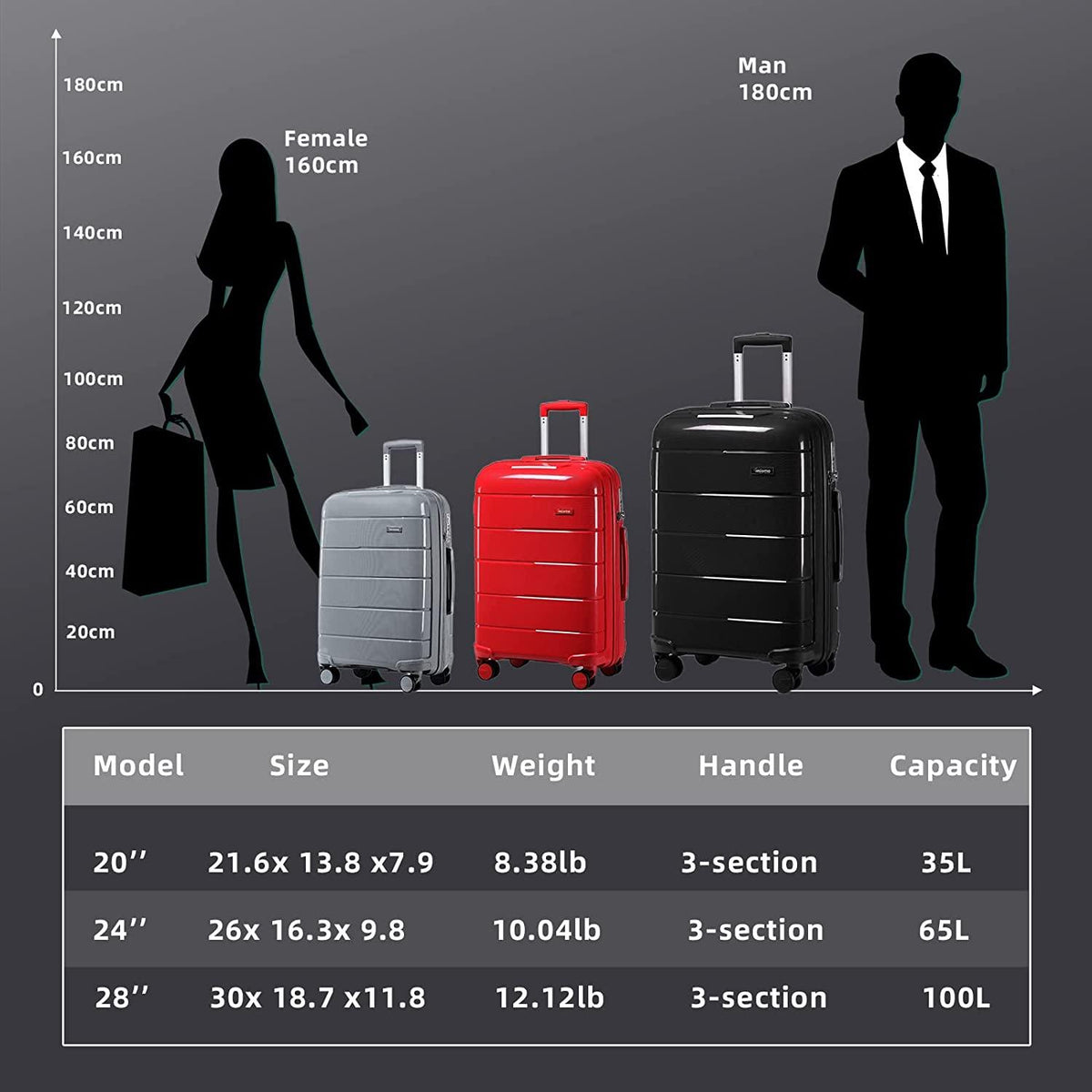 Luggage Hardside Suitcase Sets,3 Piece Travel Luggage Sets with Spinner Wheels,Lightweight PP Luggae Sets Clearance with TSA Lock (Black)