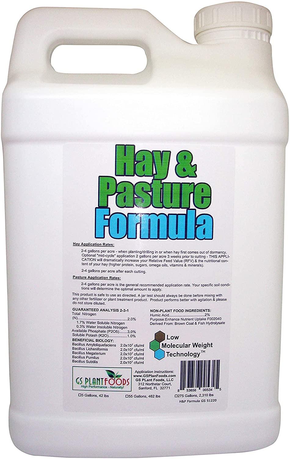 hay &amp; pasture formula by gs plant foods- organic pasture fertilizer with humic acid &amp; fulvic acid (5 gallon) - pasture grass formula for higher yields and healthier animals