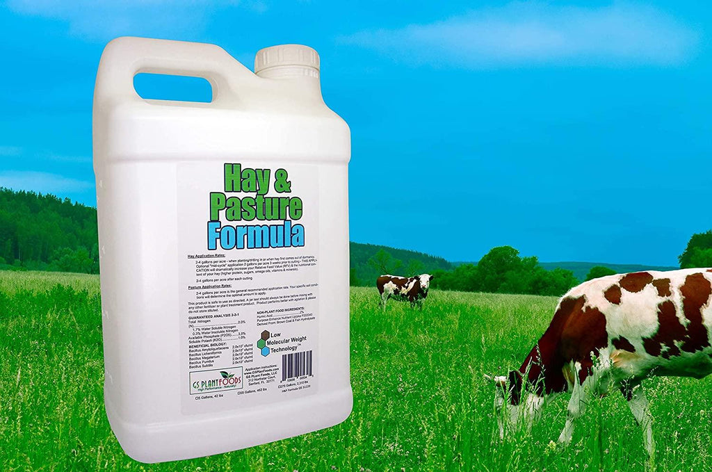 hay &amp; pasture formula by gs plant foods- organic pasture fertilizer with humic acid &amp; fulvic acid (5 gallon) - pasture grass formula for higher yields and healthier animals