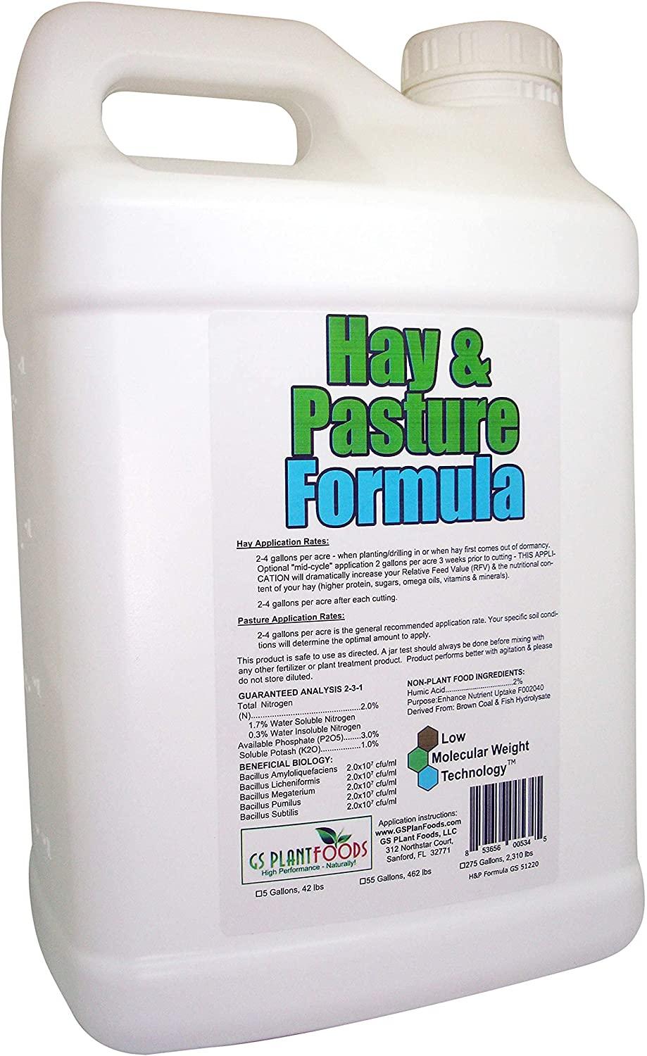 hay &amp; pasture formula by gs plant foods- organic pasture fertilizer with humic acid &amp; fulvic acid (5 gallon) - pasture grass formula for higher yields and healthier animals