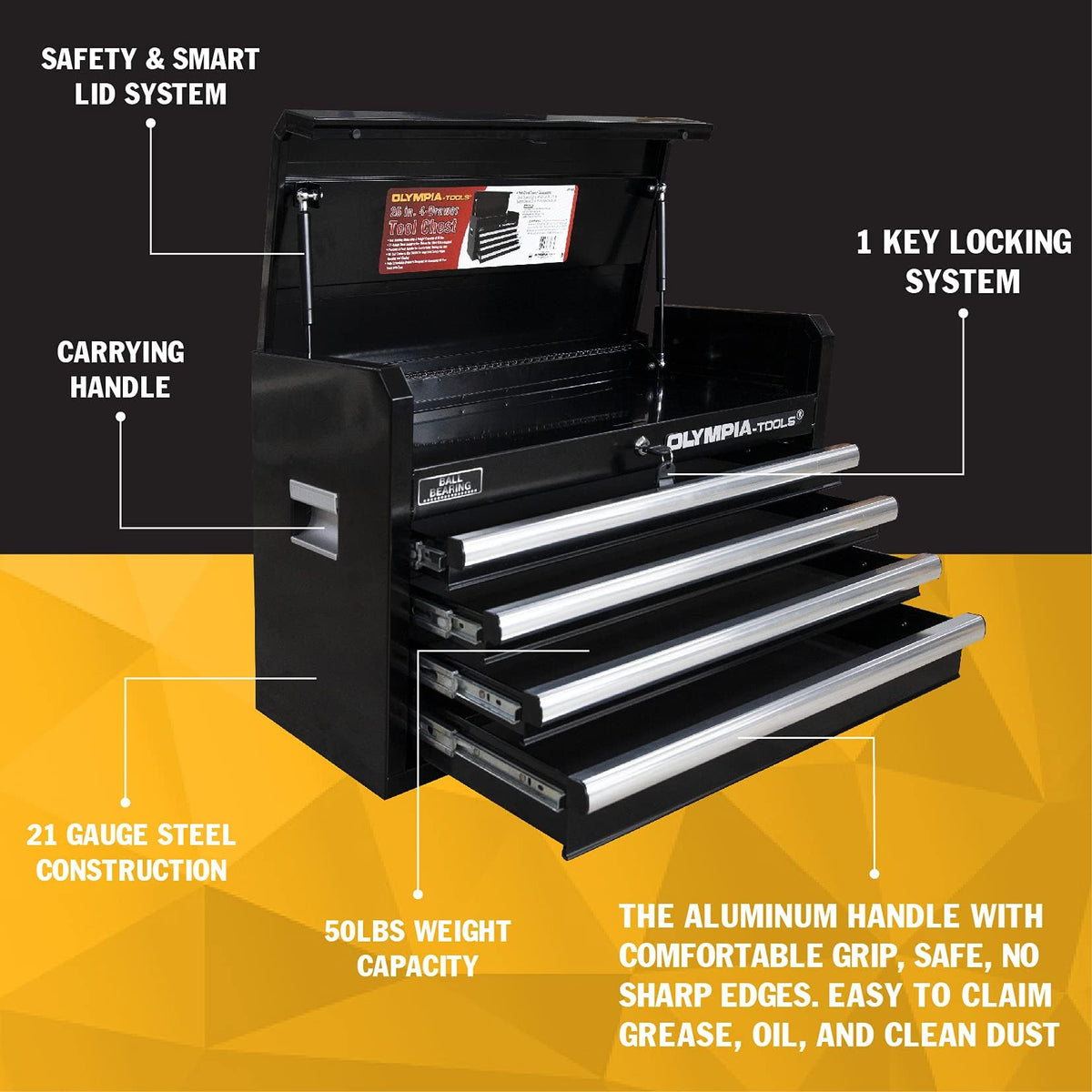 26-Inch 4-Drawer Portable Tool Chest, Metal StoraOrganizer Box, Black - Work Toolbox for Home Garaand Workshop with LocLid and Ball Bearing Slides