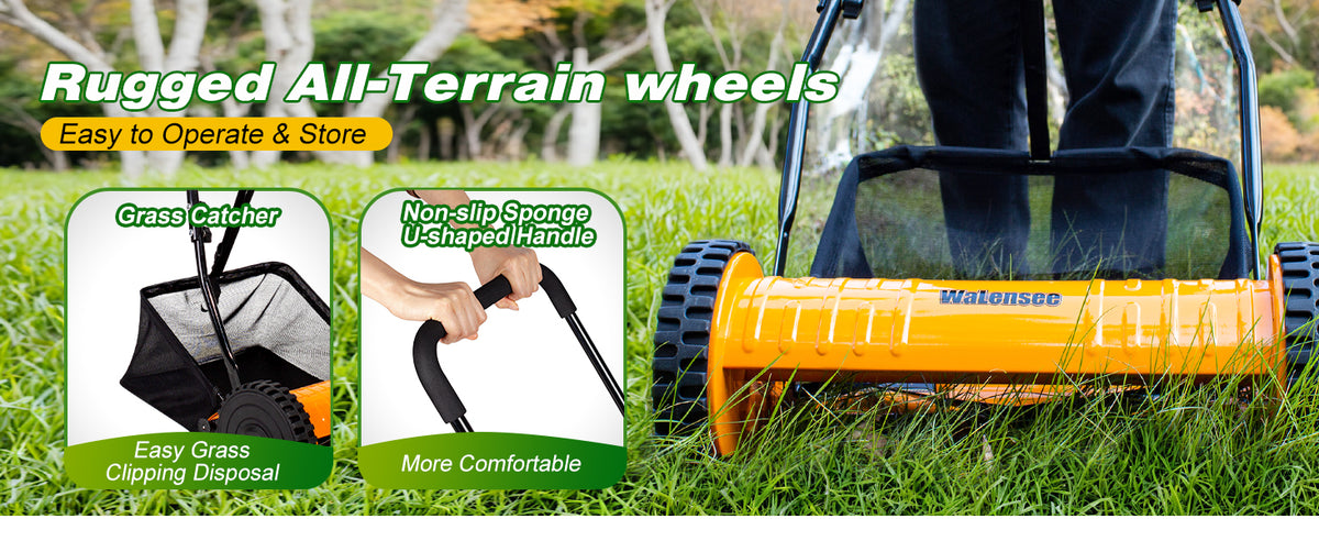 Manual Reel Lawn Mower with Grass Catcher, 16-Inch Cutting Width | 16-inch cutting width for efficient yard care, manual push mower with 7.9-gallon grass collection bag for quiet, clean mowing