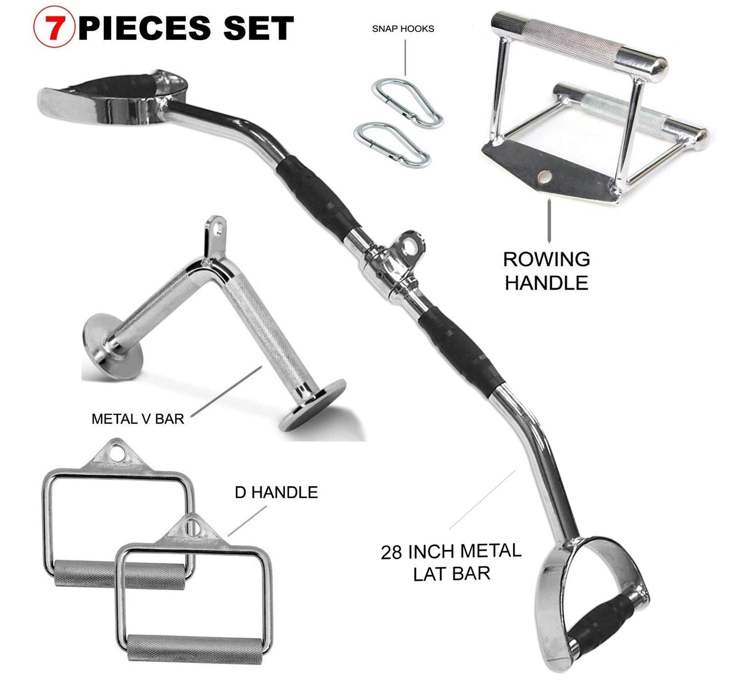 FITNESS MANIAC LAT Machine Accessory Pull Down Combo Set | Solid Metal Lat Bar, Double D Rowing Handle, Tricep V Bar, D-Handle, Hooks (7 Pcs)